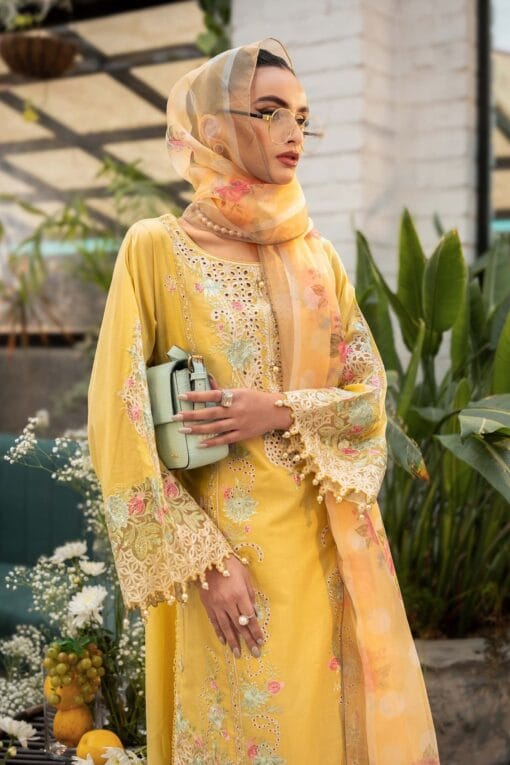 MariaB Lawn chicken kari embroidered with silk dupatta, Unstitched 3 Pieces Premium Embroidered Summer Lawn Collections 2025