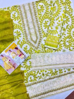 mariab chicken kari embroidered 3 piece in lawn stuff with printed chiffon dupatta | mariab summer lawn collections 2025