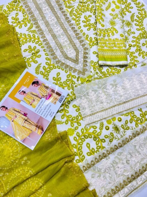mariab chicken kari embroidered 3 piece in lawn stuff with printed chiffon dupatta | mariab summer lawn collections 2025