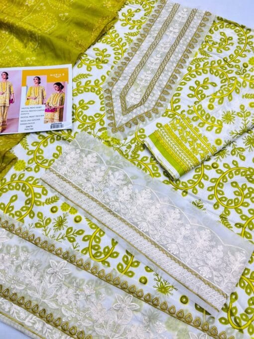 mariab chicken kari embroidered 3 piece in lawn stuff with printed chiffon dupatta | mariab summer lawn collections 2025