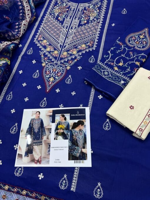 ZARA SHAHJAHAN LAWN WITH DIGITAL Diamond DUPATTA Shirt Front FULL HEAVY Embroidery WITH DAMAN PATCH Sleeves full Heavy Embroidery EMBROIDERY TROUSER DIGITAL PRINT DIAMOND DUPATTA