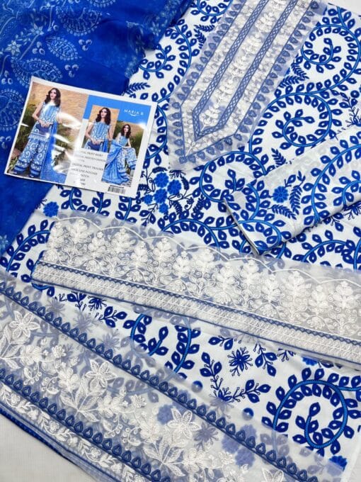 mariab premium embroidered 3 piece in lawn stuff with printed chiffon dupatta | mariab summer lawn collections 2025
