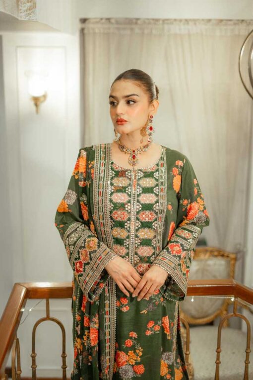 Aneela 3Pcs digital printed Shamooz Silk Unstitched Embroidered Winter Collection 2025 | Aneela's shamoos silk winter sale 2025