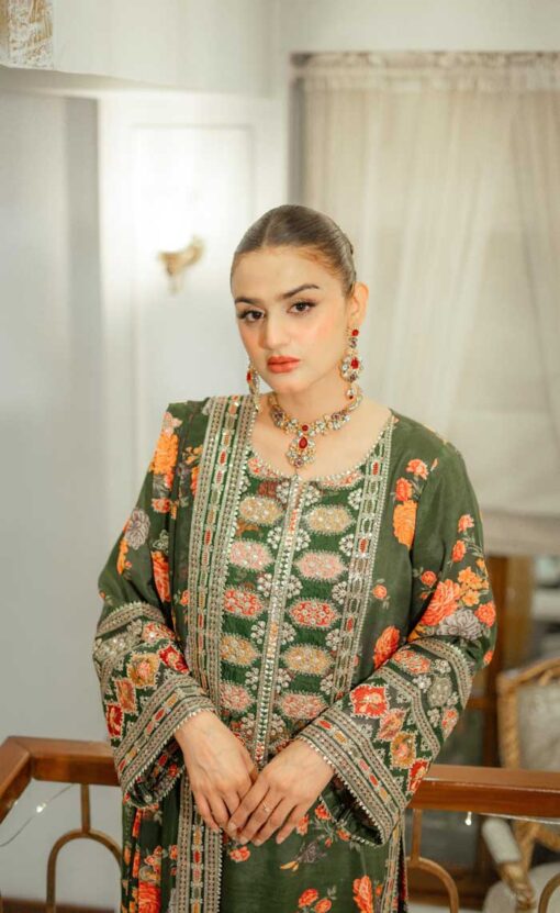 Aneela 3Pcs digital printed Shamooz Silk Unstitched Embroidered Winter Collection 2025 | Aneela's shamoos silk winter sale 2025
