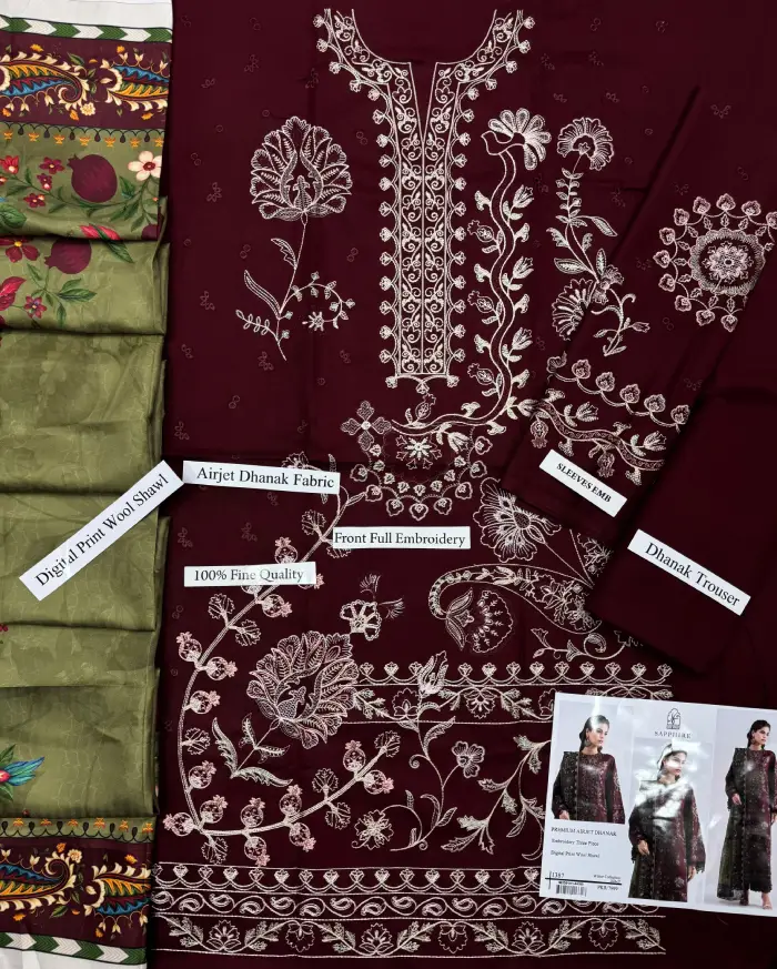 Sapphire 3 Piece Dhanak SP-1006 | Premium Embroidered Winter Collection 2026 4 Sapphire winter dhanak 3 piece with digital printed wool shawl 2026