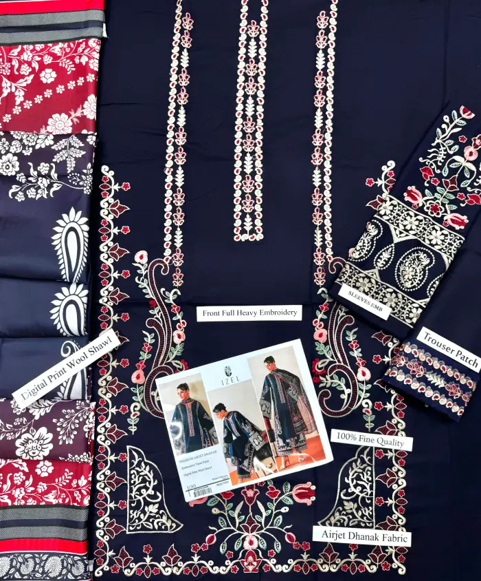 Izel Dhanak by Libas e Khas IZ-2103 | Unstitched 3Pcs Embroidered Winter Collection 2026 4 Izel 3 Piece Unstitched Embroidered Suit with Digital Printed Wool Shawl and Plain Dyed Trouser