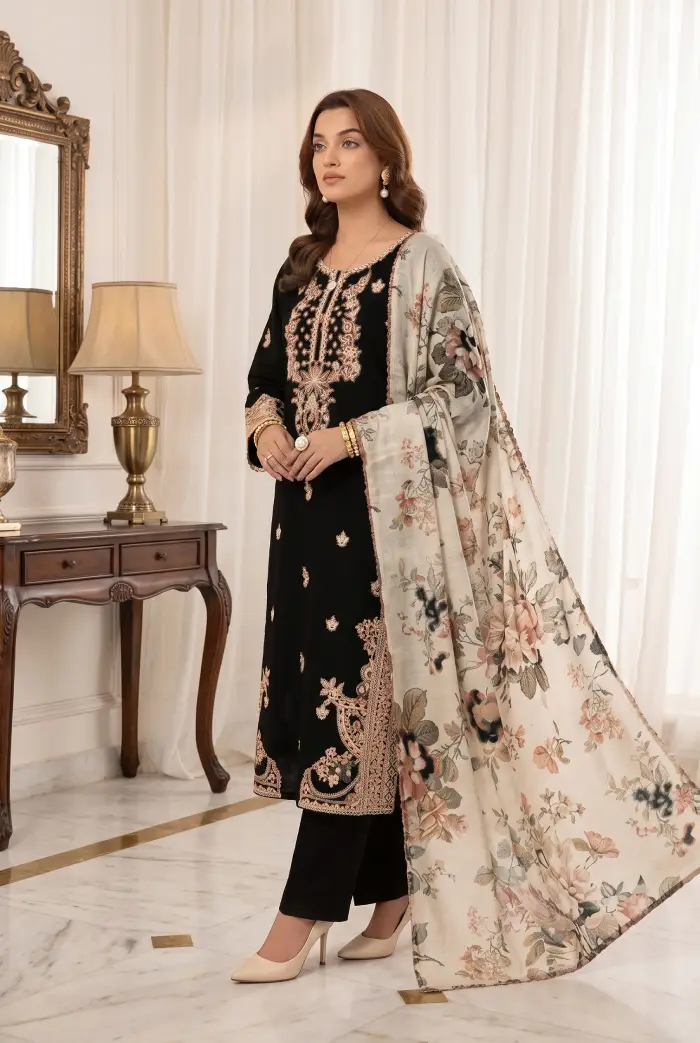 Mohagni by LibaseKhas Dhanak MH-311 | 3Pcs Premium Embroidered Winter Dhanak Collection 2026 3 Mohagni by Libas e Khas, Dhanak 3 piece suit, embroidered Dhanak dress, unstitched winter suit 2026, Pakistani winter collection, ladies embroidered winter dress, Dhanak collection online Pakistan