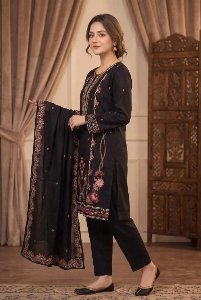Qalamkar Dhanak QK-1001 | 3Pcs Embroidered Winter Dhanak Collection 2026 2 beautiful Qalamkar 3 Piece Unstitched Dhanak Suit. Its embroidered 2026