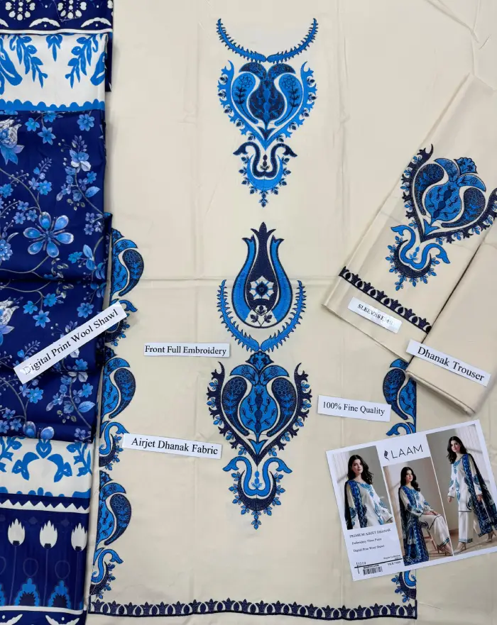 Laam 3 Piece Dhanak LM-2701 | Premium Embroidered Winter Dhanak Collection 2026 3 laam 3 Piece Unstitched Embroidered Winter Dhanak Suit with Embroidered Dhanak Shawl 2026